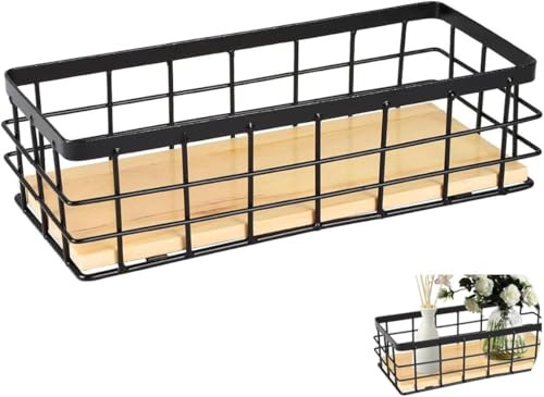 Drahtkorb,Metallkorb,Dekokörbe Haushalt Wandkorb Metall Badezimmer Aufbewahrungskorb Korb Metall Abnehmbarer Holzsockel für Obst Snacks Küche Speisekammer(1 Stück),Schwarz von SZKKQKJ
