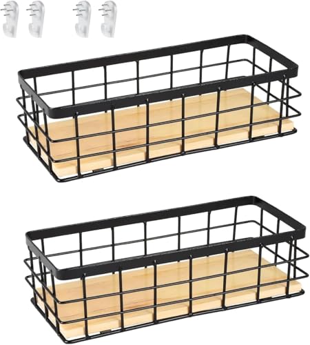 Drahtkorb,Metallkorb,Dekokörbe Haushalt Wandkorb Metall Badezimmer Aufbewahrungskorb Korb Metall Abnehmbarer Holzsockel für Obst Snacks Küche Speisekammer(2 Stück),Schwarz von SZKKQKJ