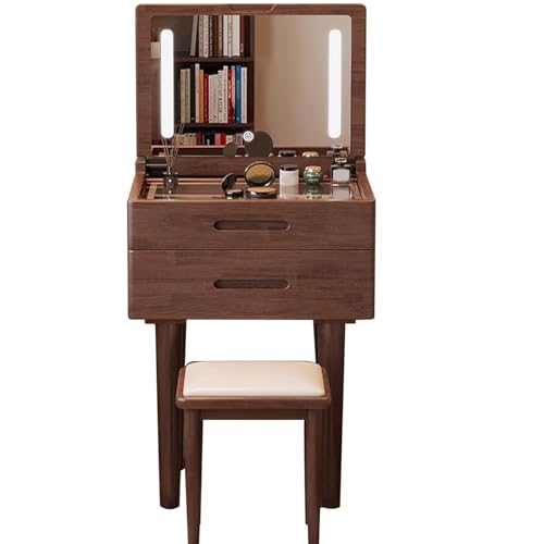 Kompakter Schminktisch Mit Verstecktem Beleuchtetem Spiegel Aufklappbarer Schminktisch Mit Schubladen Und Gepolstertem Hocker Platzsparender Frisiertisch Für Kleine Schlafzimmer Walnussfarbe(40x40x78c von SZKTHD