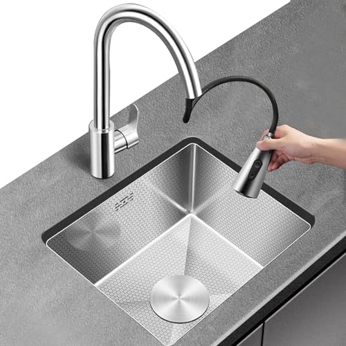Küchenspüle Aus Edelstahl Mit Ausziehbarem Wasserhahn Modernes Quadratisches Spülbecken Mit Wabenstruktur Kratzfest Und Leicht Zu Reinigen Einzelbecken Mit Flexibler Brause(45X40CM) von SZKTHD