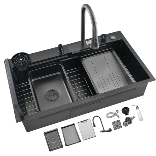 Multifunktionale Schwarze Küchenspüle Mit Wasserfallhahn Einzelbeckenspüle Aus Edelstahl 304 Mit Tassenspüle Inklusive Sämtlichem Zubehör(81x50x22cm) von SZKTHD