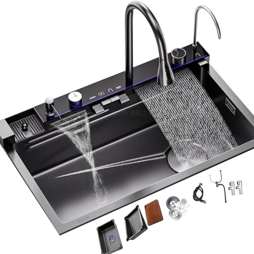 Multifunktionale Wasserfallspüle Schwarze Küchenspüle Aus Edelstahl 68/75/80/85/90 Cm Multifunktionaler Integrierter Wasserhahn Komplettes Zubehör(75x46x22cm) von SZKTHD