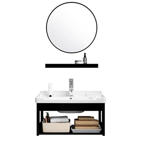 SZKTHD Badezimmer-Waschtisch-Set Mit Spiegel Keramikwaschbecken, Ablage Und Wasserhahn Kompaktes Wandwaschbecken Mit Ablage Schwarzer Metallrahmen Für Kleine Badezimmer Oder Gäste-WCs(43x35x42cm) von SZKTHD