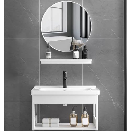 SZKTHD Badezimmer-Waschtisch-Set Mit Waschbecken Spiegel Und Ablage Weißer Wandwaschtisch Mit Offenem Stauraum Moderner Waschtisch Mit Rundem Spiegel Und Wasserhahn(61x41x38cm) von SZKTHD
