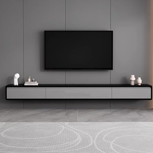 SZKTHD Hängender TV-Schrank Aus Massivholz Schwebende TV-Bank In Schwarz Und Grau Mit Schubladen Quadratischen Kanten Multimedia-Steuerzentrale(220CM/86.6IN) von SZKTHD