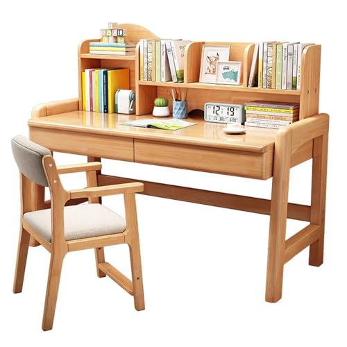 SZKTHD Kinderschreibtisch Mit Stuhl Massivholz-Schreibtisch Mit Bücherregal Und Schublade Home-Office-Schreibtisch Mit Rückenlehne(120x60x76cm) von SZKTHD