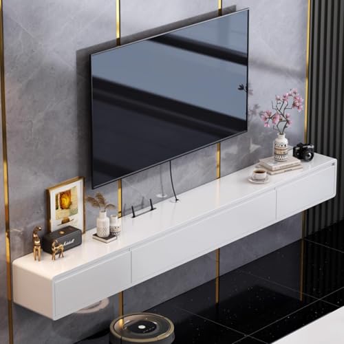 SZKTHD Massivholz-Wand-TV-Schrank 140/160/180/200/220 cm Weißer Schwebender TV-Schrank Mit Schubladen Eckige Kanten(140CM/55.1IN) von SZKTHD