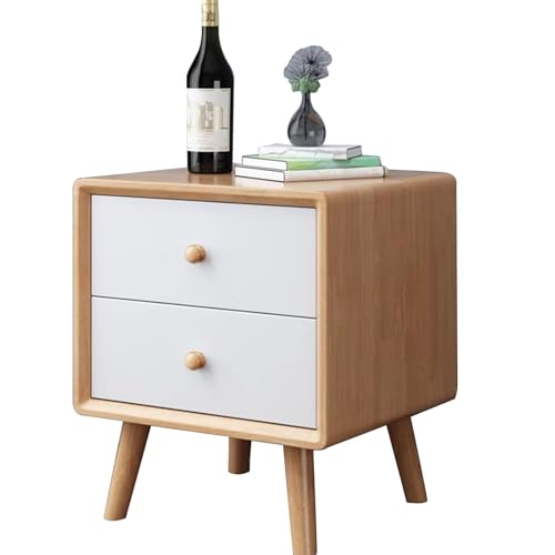 SZKTHD Nachttisch Aus Holz Mit 2 Schubladen Nachttisch Mit Runden Knöpfen Beine Aus Massivholz, Minimalistischer Beistelltisch Fürs Schlafzimmer Helles Eichen-Finish(Wood Color-A) von SZKTHD