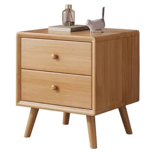SZKTHD Nachttisch Aus Holz Mit 2 Schubladen Nachttisch Mit Runden Knöpfen Beine Aus Massivholz, Minimalistischer Beistelltisch Fürs Schlafzimmer Helles Eichen-Finish(Wood Color-B) von SZKTHD