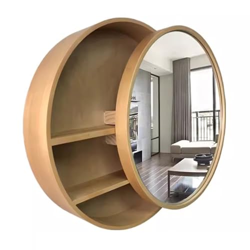 SZKTHD Runder Spiegelschrank 50/60/70 cm Wandschrank Spiegelschrank Mit Push-Pul-Funktion, 1 Tür Mit 3 Ablagen Für Badezimmer Und Waschraum(Natural Wood,50cm/19.7inches) von SZKTHD