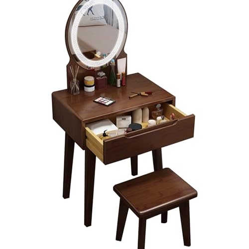SZKTHD Schminktisch-Set Aus Holz Mit LED-beleuchtetem Spiegel Und Schminkhocker Schminktisch Mit Stauraum Für Schlafzimmer Oder Kosmetikstudio(Brown,60x40x75cm) von SZKTHD