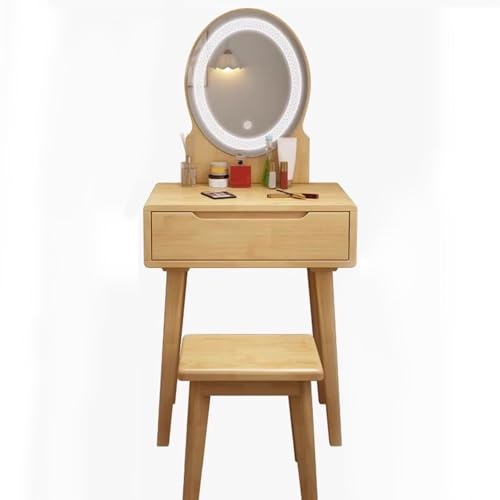 SZKTHD Schminktisch-Set Aus Holz Mit LED-beleuchtetem Spiegel Und Schminkhocker Schminktisch Mit Stauraum Für Schlafzimmer Oder Kosmetikstudio(Wood Color,60x40x75cm) von SZKTHD