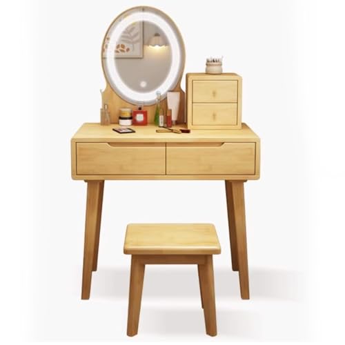 SZKTHD Schminktisch-Set Aus Holz Mit LED-beleuchtetem Spiegel Und Schminkhocker Schminktisch Mit Stauraum Für Schlafzimmer Oder Kosmetikstudio(Wood Color,80x40x75cm) von SZKTHD