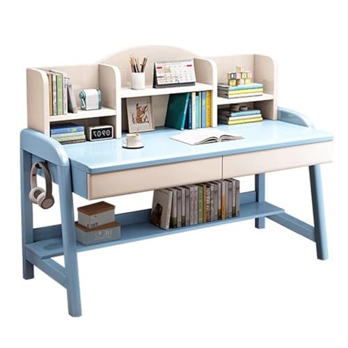 SZKTHD Schreibtisch Aus Massivholz Mit Bücherregal Schreibtisch Mit Schublade Ablage Und Seitlichem Haken Homeoffice-Tisch Für Studenten Jugendliche Oder Das Schlafzimmer(Blau,80x60x76cm) von SZKTHD