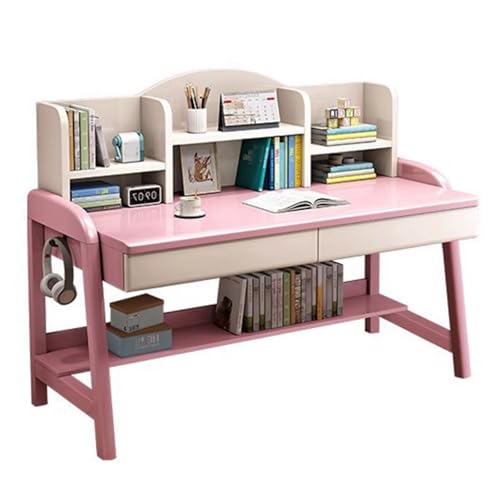 SZKTHD Schreibtisch Aus Massivholz Mit Bücherregal Schreibtisch Mit Schublade Ablage Und Seitlichem Haken Homeoffice-Tisch Für Studenten Jugendliche Oder Das Schlafzimmer(Rosa,80x60x76cm) von SZKTHD
