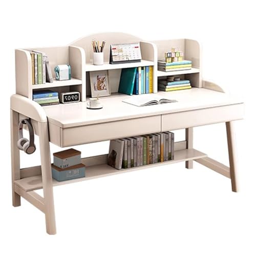 SZKTHD Schreibtisch Aus Massivholz Mit Bücherregal Schreibtisch Mit Schublade Ablage Und Seitlichem Haken Homeoffice-Tisch Für Studenten Jugendliche Oder Das Schlafzimmer(Weiß,80x60x76cm) von SZKTHD
