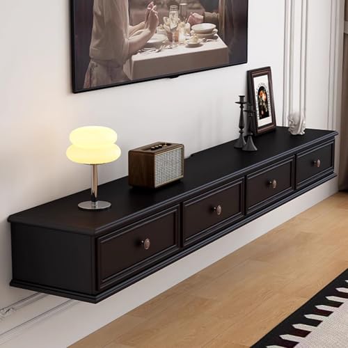 SZKTHD Schwarzer TV-Wandschrank Aus Massivholz Schwebende Einteilige Medienkonsole Platzsparendes TV-Möbel Für Wohnzimmer Oder Schlafzimmer(220CM/86.6IN) von SZKTHD