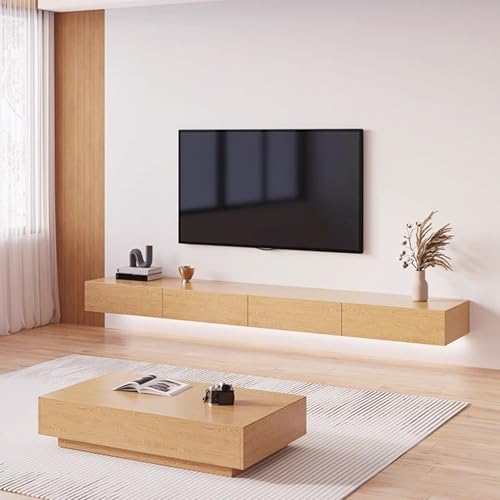 SZKTHD TV-Wandschrank Aus Massivholz Quadratische Schwebende TV-Einheit Multimedia-Konsole Für Das Wohnzimmer Gummibaumholz(Wood Color,300CM/118.1IN) von SZKTHD