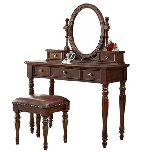SZKTHD Vintage-Schminktisch Mit Spiegel Und Hocker Schminktisch Aus Massivem Gummibaumholz Mit Schubladen Klassisches Frisiertisch-Set Mit Ovalem Spiegel(90x45x76cm) von SZKTHD