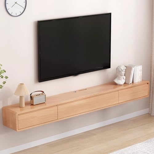 SZKTHD Wandmontierter TV-Schrank Aus Massivholz Schwebende TV-Bank Mit Schubladen Fürs Wohnzimmer Originalholzfarbe Multimedia-Konsole(Wood Color-A,220CM/86.6IN) von SZKTHD