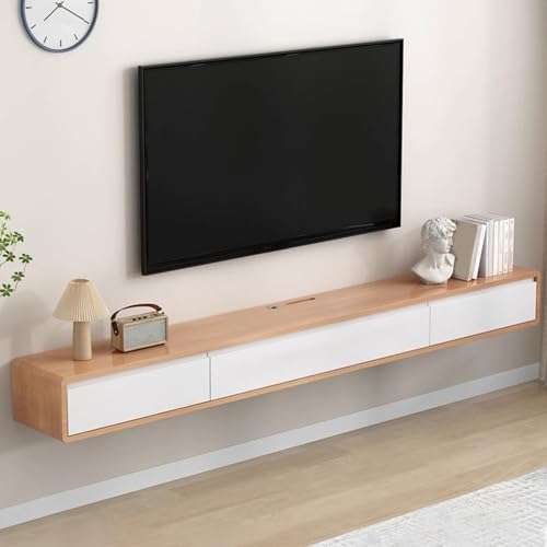 SZKTHD Wandmontierter TV-Schrank Aus Massivholz Schwebende TV-Bank Mit Schubladen Fürs Wohnzimmer Originalholzfarbe Multimedia-Konsole(Wood Color-B,160CM/63.0IN) von SZKTHD