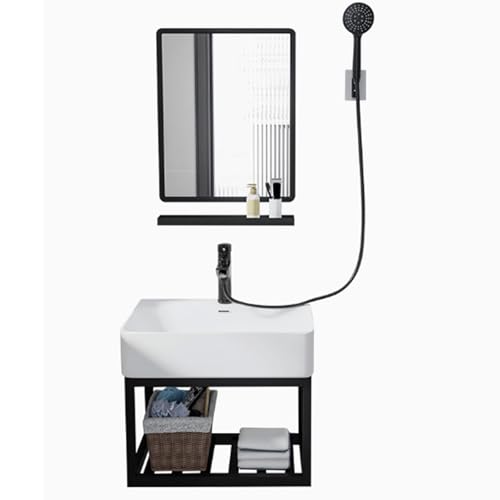 SZKTHD Wandwaschtisch Mit Duscharmatur Waschbecken Und Kosmetikspiegel Ideal Für Kleine Wohnungen(55x31x43cm) von SZKTHD