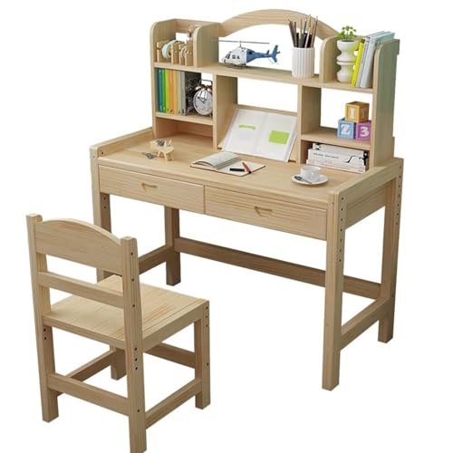 Schreibtisch- Und Stuhlset Aus Holz Mit Bücherregal Und Schubladen Schreibtisch Aus Massivem Kiefernholz Höhenverstellbar, Ideal Zum Lesen Schreiben Und Zeichnen Für Zuhause Oder Die Schule(100x50x75c von SZKTHD