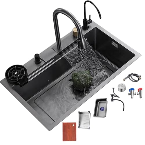 Multifunktionale Küchenspüle mit Wasserfall-Wasserhahn - Edelstahl 304, schwarz, großes Einzelspülbecken, komplettes Zubehör von SZKTHD