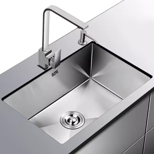Silberne Edelstahl-Spüle, Küchenspüle, Einzelbecken, Untertischspüle, Barspüle mit Wasserhahn, komplettes Zubehör (82 x 50 cm) von SZKTHD
