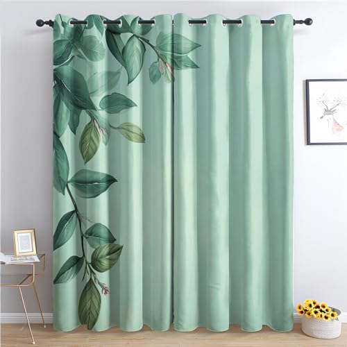 Grün Blatt Vorhänge, Verdunklungsvorhänge mit Muster Salbei Grün, Vorhang Blickdicht mit Ösen, Gardinen für Wohnzimmer Schlafzimmer Kinderzimmer Deko 2er Set - 220x140 (H X B) (Ic-&206) von SZLYZM