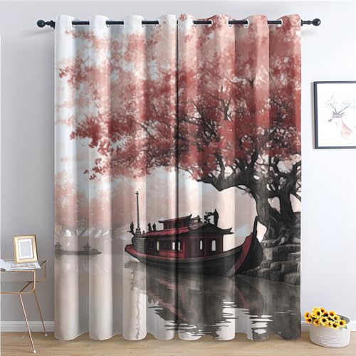 Kirschblüte Vorhänge, Vorhänge Verdunklungsvorhänge mit Muster Japanische, Vorhang Blickdicht mit Ösen, Gardinen für Wohnzimmer Schlafzimmer Kinderzimmer Deko 2er Set - 175x140 (H X B) (W7-&227) von SZLYZM