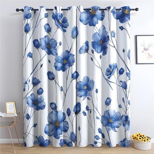 SZLYZM Blau Geblümt Vorhänge, Verdunklungsvorhänge mit Muster Blumen, Vorhang Blickdicht mit Ösen, Gardinen für Wohnzimmer Schlafzimmer Deko 2er Set - 220x140 (H X B) Q-E&1-30 von SZLYZM