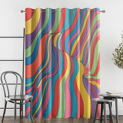 SZLYZM Bunt Gestreift Vorhänge, Verdunklungsvorhänge mit Muster Bunte Psychedelische Swirl, Vorhang Blickdicht mit Ösen, Gardinen für Wohnzimmer Schlafzimmer Deko 2er Set - 137x117 (H X B) von SZLYZM