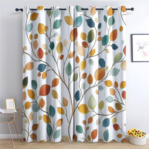 SZLYZM Bunte Blätter Vorhänge, Verdunklungsvorhänge mit Muster Botanisch, Vorhang Blickdicht mit Ösen, Gardinen für Wohnzimmer Schlafzimmer Deko 2er Set - 160x132 (H X B) von SZLYZM