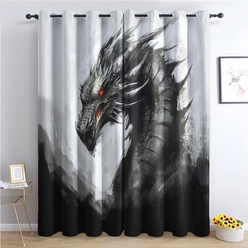 SZLYZM Drachen Vorhänge, Verdunklungsvorhänge mit Muster Fantasie Tiere, Vorhang Blickdicht mit Ösen, Gardinen für Wohnzimmer Schlafzimmer Kinderzimmer Deko 2er Set - 160x132 (H X B) (Qm-&203) von SZLYZM