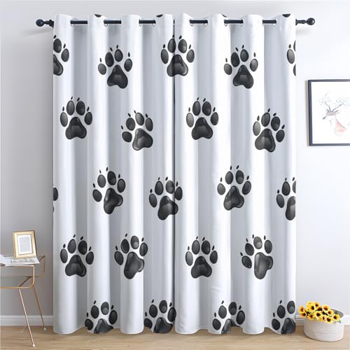 SZLYZM Hundepfoten Vorhänge, Verdunklungsvorhänge mit Muster Schwarz Weiß, Vorhang Blickdicht mit Ösen, Gardinen für Wohnzimmer Schlafzimmer Deko 2er Set - 160x132 (H X B) Q-E&1-379 von SZLYZM