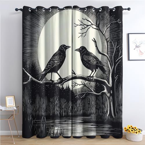 SZLYZM Krähe Vorhänge, Verdunklungsvorhänge mit Muster Rabe Mond, Vorhang Blickdicht mit Ösen, Gardinen für Wohnzimmer Schlafzimmer Kinderzimmer Deko 2er Set - 200x140 (H X B) (Qe-&237) von SZLYZM