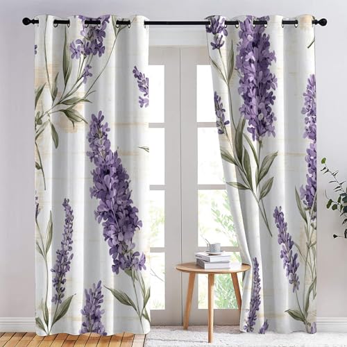 SZLYZM Lavendel Floral Vorhänge, Verdunklungsvorhänge mit Muster Lila Blumen, Vorhang Blickdicht mit Ösen, Gardinen für Wohnzimmer Schlafzimmer Kinderzimmer Deko 2er Set - 137x117 (H X B) (Qt-&42) von SZLYZM