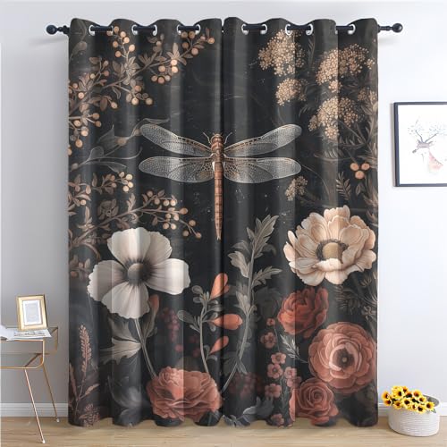 SZLYZM Libelle Vorhänge, Verdunklungsvorhänge mit Muster Blumen, Vorhang Blickdicht mit Ösen, Gardinen für Wohnzimmer Schlafzimmer Kinderzimmer Deko 2er Set - 137x117 (H X B) von SZLYZM