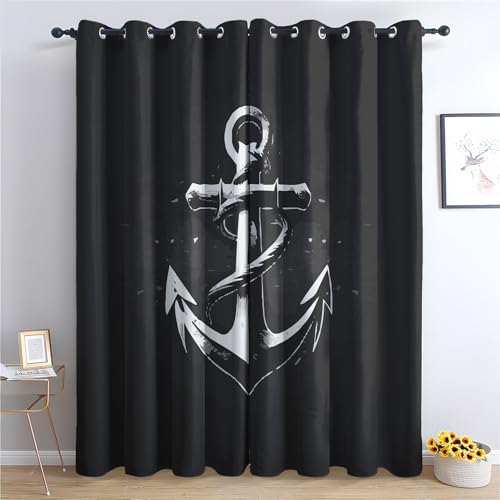 SZLYZM Maritime Anker Vorhänge, Verdunklungsvorhänge mit Muster Nautisch, Vorhang Blickdicht mit Ösen, Gardinen für Wohnzimmer Schlafzimmer Deko 2er Set - 137x117 (H X B) von SZLYZM