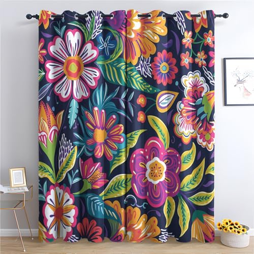 SZLYZM Mexikanische Geblümt Vorhänge, Verdunklungsvorhänge mit Muster Bunt Blumen, Vorhang Blickdicht mit Ösen, Gardinen für Wohnzimmer Schlafzimmer Deko 2er Set - 260x140 (H X B) von SZLYZM
