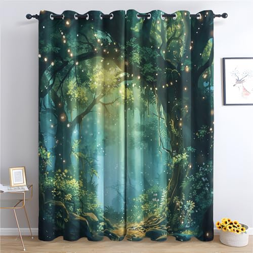 SZLYZM Mystische Wald Vorhänge, Verdunklungsvorhänge mit Muster Fantasie, Vorhang Blickdicht mit Ösen, Gardinen für Wohnzimmer Schlafzimmer Deko 2er Set - 175x140 (H X B) von SZLYZM