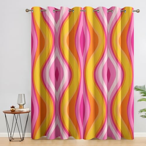 SZLYZM Retro Groovy Vorhänge, Verdunklungsvorhänge mit Muster 70er Jahre Retro Bunt, Vorhang Blickdicht mit Ösen, Gardinen für Wohnzimmer Schlafzimmer Deko 2er Set - 160x132 (H X B) R-&E27 von SZLYZM