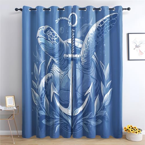 SZLYZM Schildkröten Anker Vorhänge, Verdunklungsvorhänge mit Muster Nautisch Maritim, Vorhang Blickdicht mit Ösen, Gardinen für Wohnzimmer Schlafzimmer Deko 2er Set - 160x132 (H X B) von SZLYZM