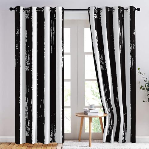 SZLYZM Schwarz Weiß Gestreift Vorhänge, Verdunklungsvorhänge mit Muster Modern, Vorhang Blickdicht mit Ösen, Gardinen für Wohnzimmer Schlafzimmer Deko 2er Set - 160x132 (H X B) von SZLYZM