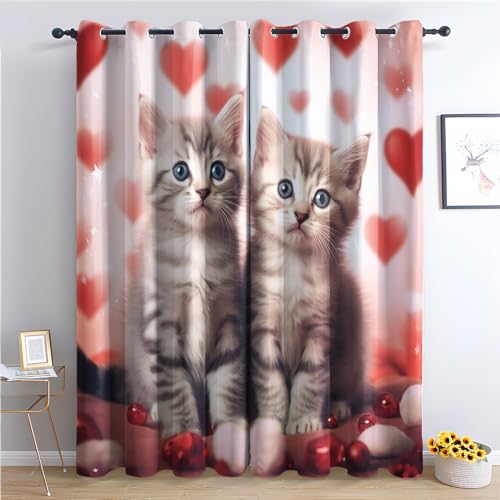 SZLYZM Süße Kätzchen Vorhänge, Verdunklungsvorhänge mit Muster Katzen Herzen, Vorhang Blickdicht mit Ösen, Gardinen für Wohnzimmer Schlafzimmer Kinderzimmer Deko 2er Set - 137x117 (H X B) (Qe-&330) von SZLYZM