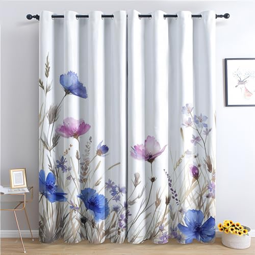 SZLYZM Vorhänge Aquarell Blumen, Verdunkelungsvorhang 2er Set - Vorhang Blickdicht Blumen Pflanzen Muster, Thermovorhang für Deko Wohnzimmer Schlafzimmer, Gardinen mit Ösen 245x140 cm (HxB) (Wx-&87) von SZLYZM
