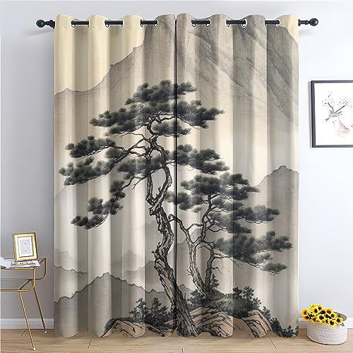 SZLYZM Vorhänge Baum, Verdunkelungsvorhang 2er Set - Vorhang Blickdicht Berge Landschaft Muster, Thermovorhang für Deko Wohnzimmer Schlafzimmer Kinderzimmer, Gardinen mit Ösen 220x140 cm (HxB) von SZLYZM