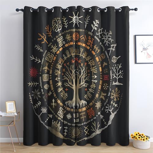 SZLYZM Vorhänge Baum des Lebens, Verdunkelungsvorhang 2er Set - Vorhang Blickdicht Wikinger Muster, Thermovorhang für Deko Wohnzimmer Schlafzimmer, Gardinen mit Ösen 137x117 cm (HxB) Q-E&1-338 von SZLYZM