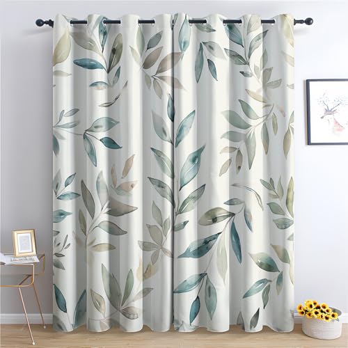 SZLYZM Vorhänge Blatt, Verdunkelungsvorhang 2er Set - Vorhang Blickdicht Botanisch Muster, Thermovorhang für Deko Wohnzimmer Schlafzimmer, Gardinen mit Ösen 245x140 cm (HxB) Q-E&6-71 von SZLYZM